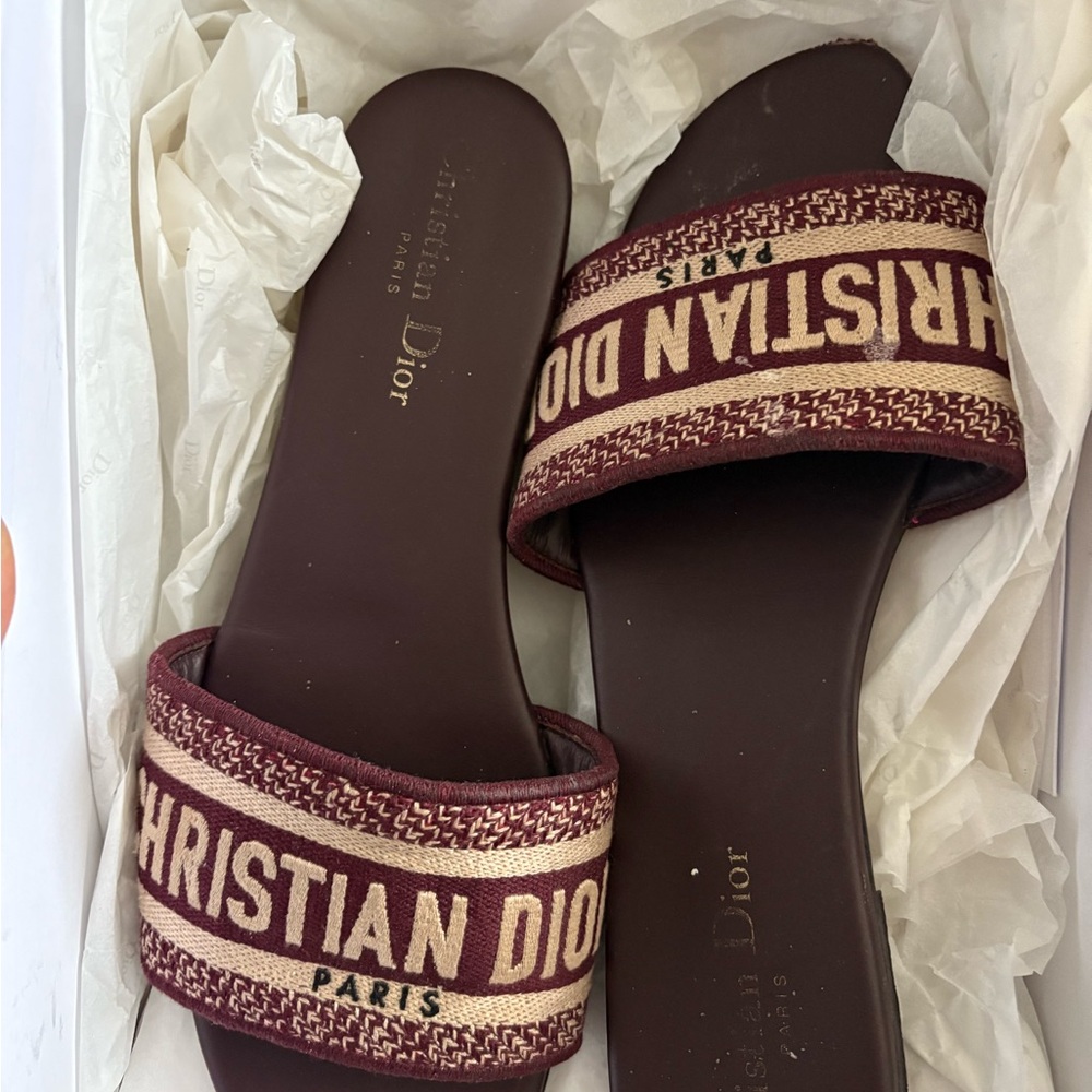 Dior Burgundy and Cream Logo Slide Sandals